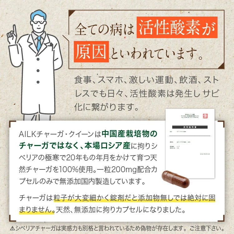 【 チャーガクイーン 1-2カ月分 200粒 】天然シベリア産チャーガ 1粒 205mg 100%