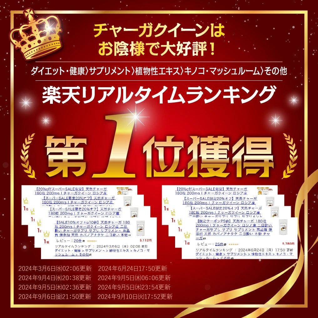 【 チャーガクイーン 1-2カ月分 200粒 】天然シベリア産チャーガ 1粒 205mg 100%